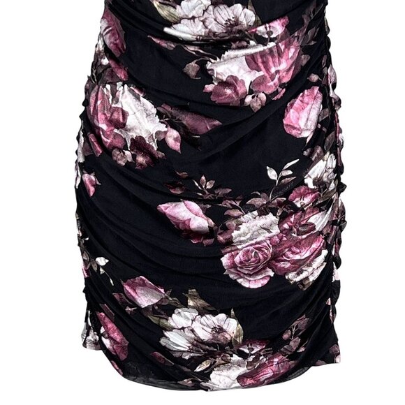 Black Foiled Pink Floral Ruched Mini Dress Bodycon Coquette Whimsigoth Womens S - Picture 6 of 16
